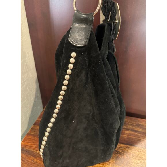 LEATHEROCK USA Black Suede Leather Hobo Silver Studs Indie Boho Bag - Picture 9 of 9